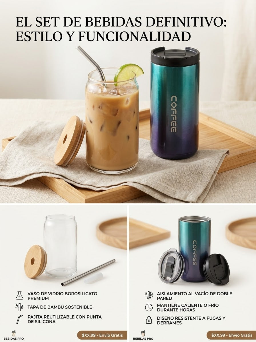 Set Vaso De Vidrio 630 Ml Tapa Y Bombilla Y Vaso Café 310 Ml
