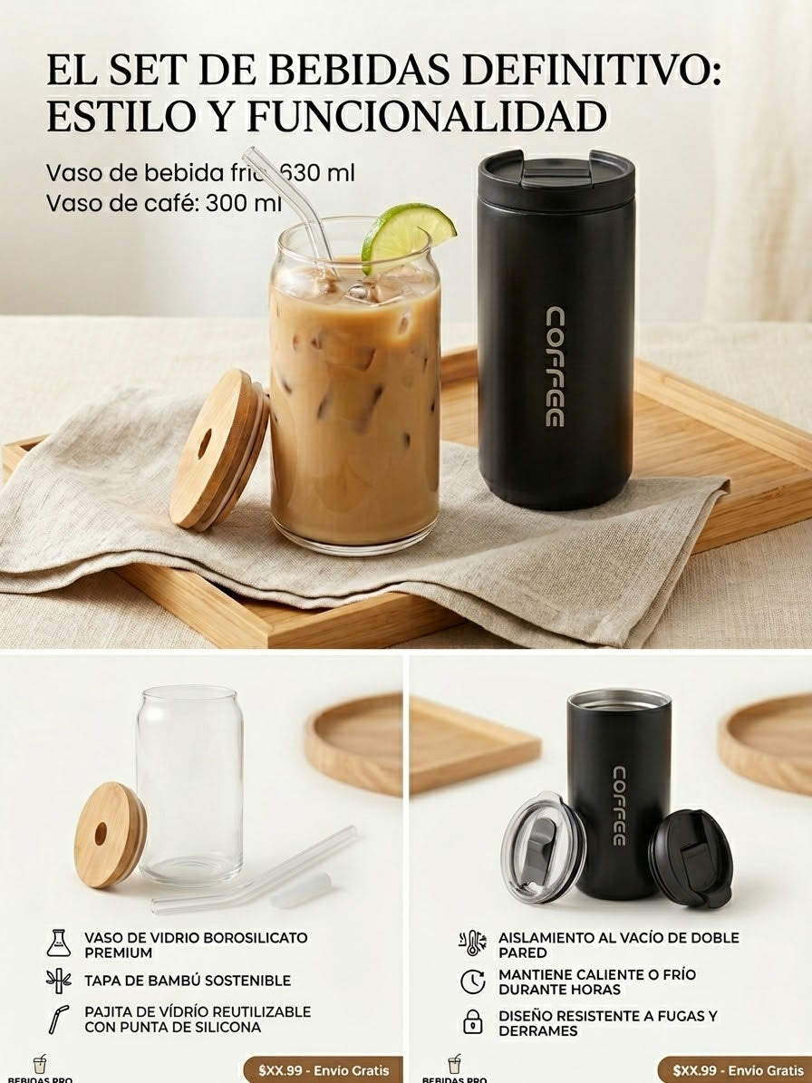Set Vaso De Vidrio 630 Ml Tapa Y Bombilla Y Vaso Café 310 Ml