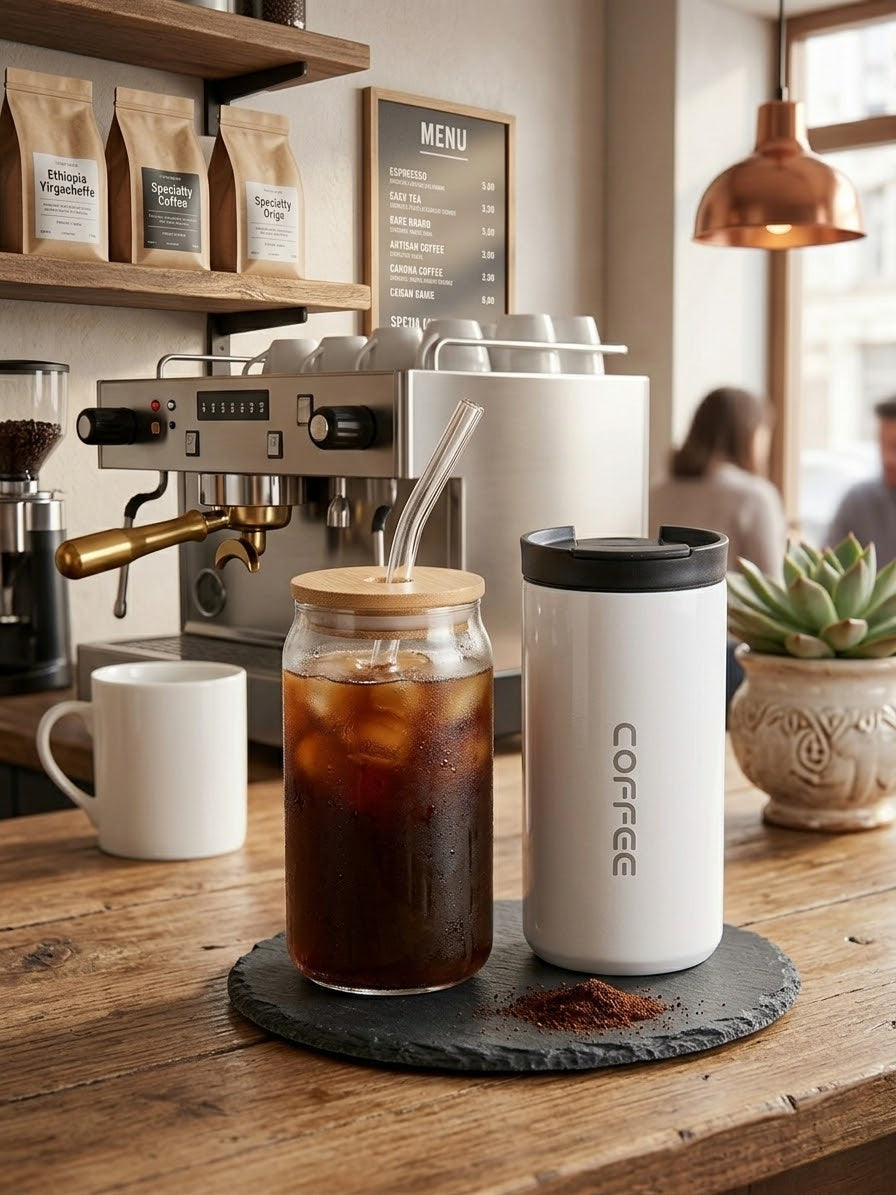 Set Vaso De Vidrio 630 Ml Tapa Y Bombilla Y Vaso Café 310 Ml