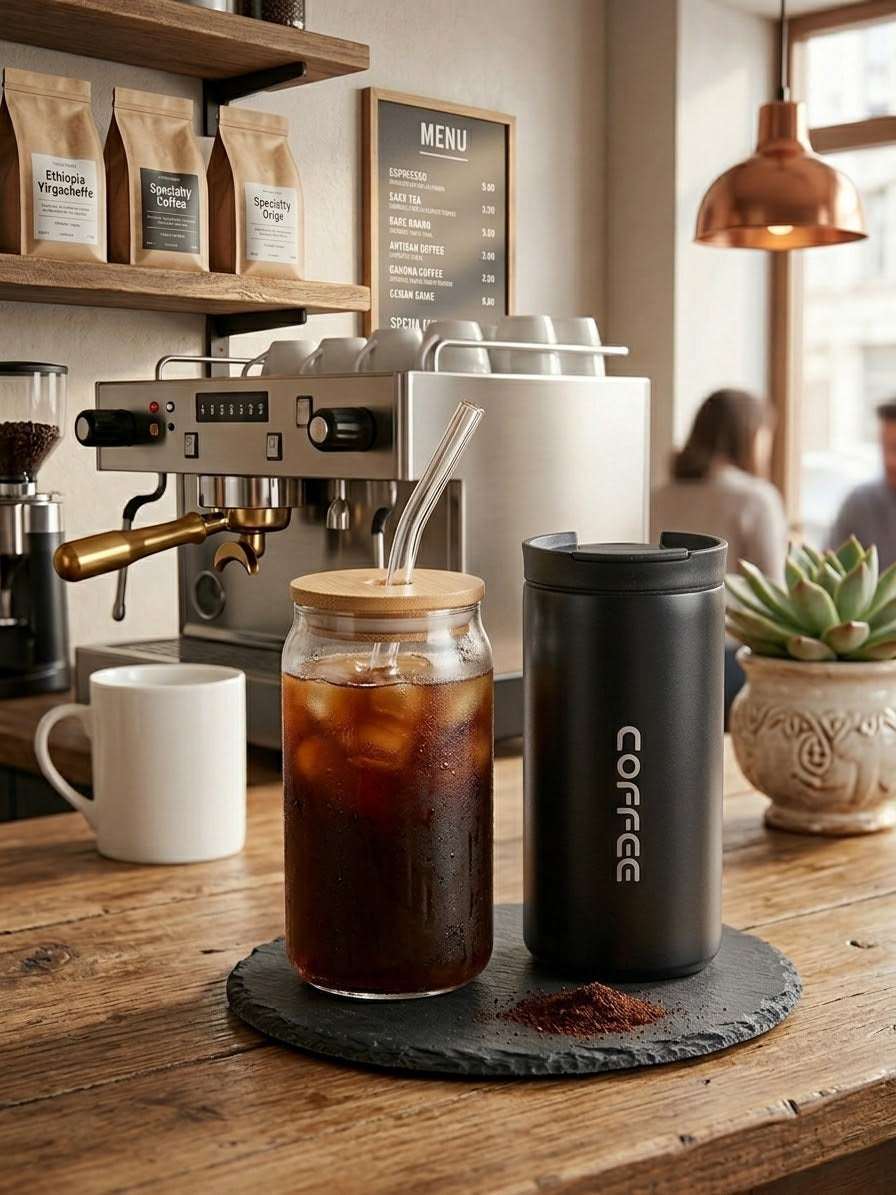 Set Vaso De Vidrio 630 Ml Tapa Y Bombilla Y Vaso Café 310 Ml